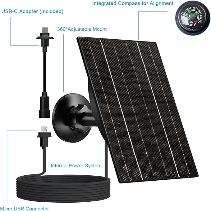 Solar Panel for Blink Outdoor 4/3/XT2/XT Camera, 4W High-Efficiency Solar Charger with 10ft Cable, USB-C & Micro USB Adapter, IP66 Waterproof, 360° Adjustable Mount