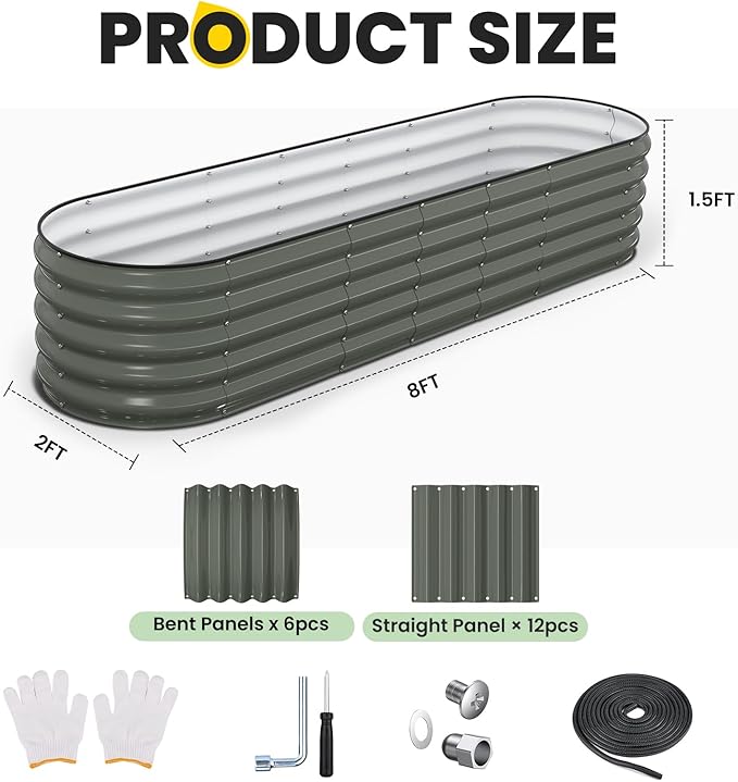 Pattiumo Galvanized Raised Garden Bed 8x2x1.5 FT, Oval Metal Raised Garden Bed Outdoor Planter Box with Open Bottom, Rust-Resistant Steel Garden Bed for Vegetables Herbs Flowers, Easy Assembly
