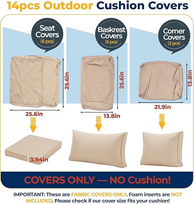 HOMREST 14-Piece Outdoor Cushion Covers Set for Patio Furniture, Reversible Double-Sided Sofa Slipcovers with Zipper, Water-Repellent Replacement Covers Only (Khaki, 25.6×25.6×3.9in)