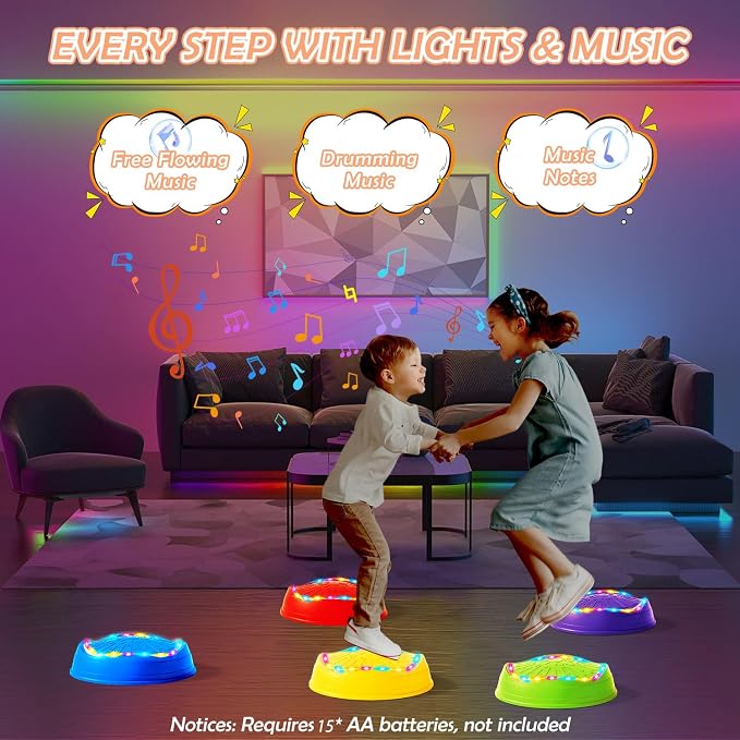Music Light Up Stepping Stones for Kids Toddler - 5PCS Non-Slip Stackable Plastic Sensory Stepping Stones, Preschool Obstacle Course Balance Board Game, Gross Motor Energy Toys for Indoor Outdoor