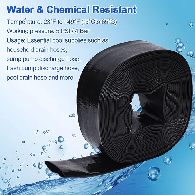2 inches x 50 FT Heavy-Duty PVC Swimming Pool Backwash Hose, Reinforced Discharge Hose with Clamp for Swimming Pools, Black