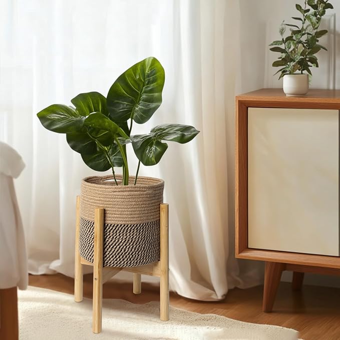 Plant Basket with Stand, Indoor Round Wicker Basket Plant with Bamboo Wood Stand, Decorative Woven Rope Flower Indoor Planter with Legs, Boho Bamboo Wood Planter Holder (Jute Black Stripes)