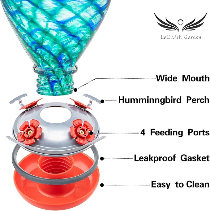 Hummingbird Feeders, 34OZ Hand Blown Glass Hummingbird Feeder for Outdoors Hanging with Ant MoatHooks, Perfect for Gardening Yard Patio Decor Gifts (Blue Mermaid) | LaElvish Garden Hummingbird Feeders, 34OZ Hand Blown Glass Hummingbird Feeder for Outdo...