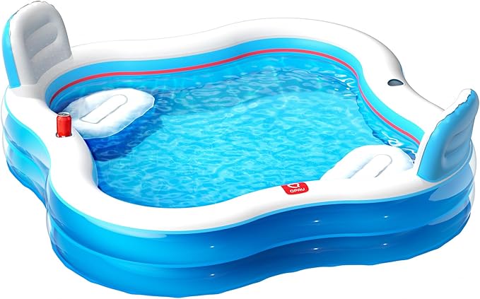 QPAU Inflatable Swimming Pool with 2 Seats and Backrests, 80" L x 80" W x 27" D Large Full-Sized Family Pools for Kids and Adults for Backyard, Garden, Outdoors, Clear Blue