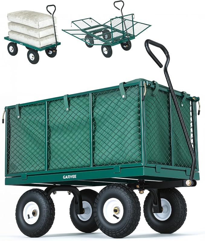 Garvee Versatile Outdoor Utility Cart-800LBS Heavy-Duty, 10" All-Terrain Pneumatic Tires, Easy Maneuverable Lawn Cart with Removable Mesh Panels for Gardening&Landscaping, Green, with Waterproof Liner