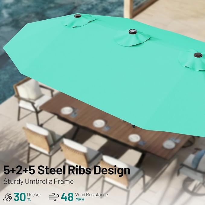 AreShark 15FT Patio Umbrella with Solar Lights, Double Sided Outdoor Table Umbrellas with Crank, Large Rectangular Market Umbrella for Porch, Lawn, Pool, Backyard, Peacock Blue