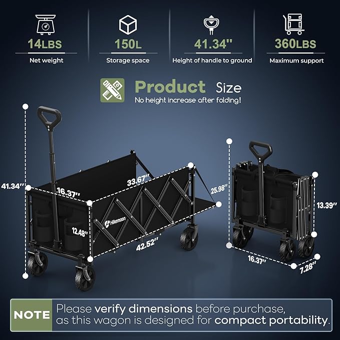 Hikemoon 43'' Extra Long Collapsible Wagon with Extended Tailgate, 360LBS Heavy Duty Wagons Carts Foldable, Portable Folding Outdoor Utility Cart for Grocery, Shopping, Garden, Camping, Black