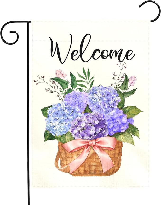 Hydrangea Spring Garden Flag Welcome Summer Yard Flags Blue Hydrangeas Floral Basket Double Sided House Banners Front Porch Patio Lawn Seasonal Flowers Outside Yard Outdoor Decor 12x18 Inch