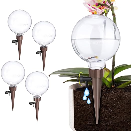 NiHome Plant Self-Watering Globes for Busy Individuals & Travelers, Long-Lasting Moisture Consistent Dripper Spike for Indoor Plants, Adjustable Flow Valve Easy to Refill & Maintain (4-Pack)