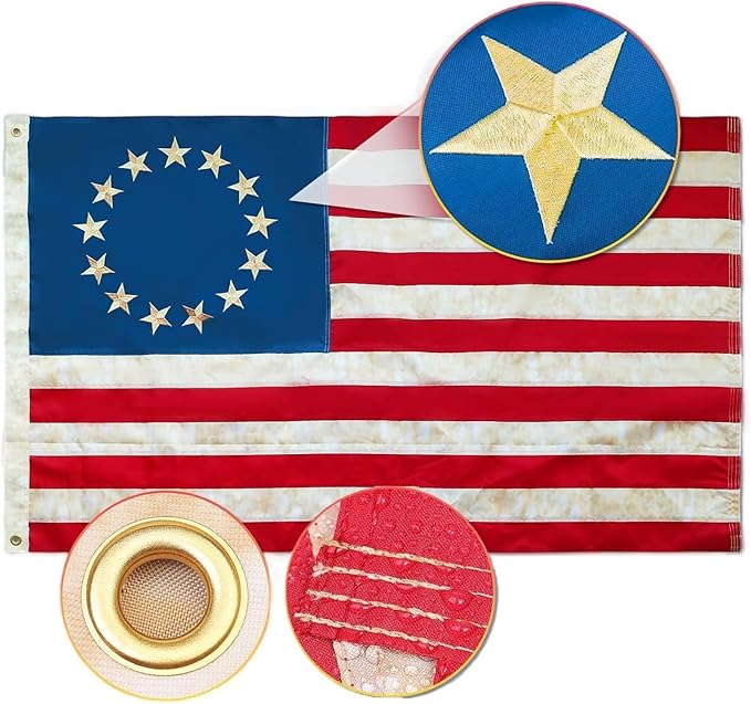 Betsy Ross Tea-Stained Vintage American Flag 3x5 FT 13 Stars Deluxe Water Resistant Series Vintage Flags Heavy Duty Super Tough Spun Polyester/Embroidered Design/Sewn Stripes/Brass Grommets