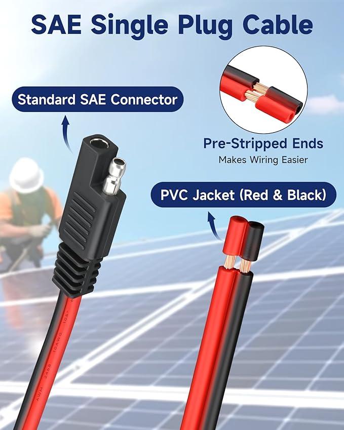 8 Pack 10AWG SAE Connector Extension Cable, 1FT 2 Pin Quick Disconnect Wire Harness, SAE Single Plug for Solar Panel Motorcycle RV Tractor Car Battery Charger