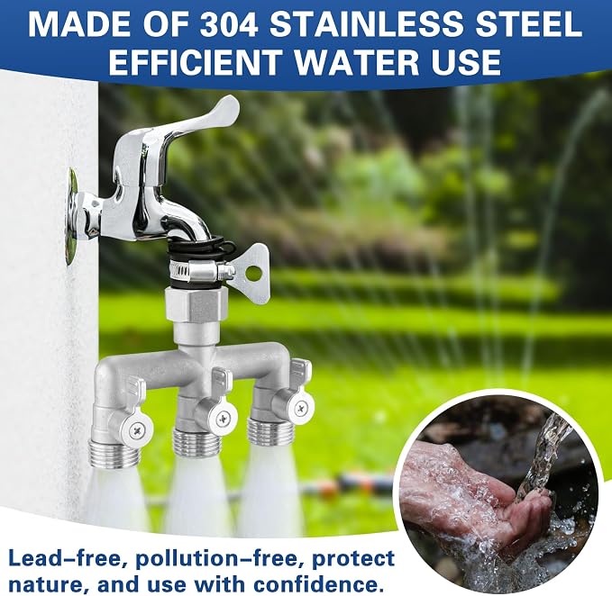 304 Stainless Steel 3 Way Garden Hose Splitter, Heavy Duty Hose Bib Splitter with 3 Shut Off Valves, High Flow Outdoor Faucet Splitter, 3/4" GHT Water Hose Connector for Garden, Yard, Irrigation