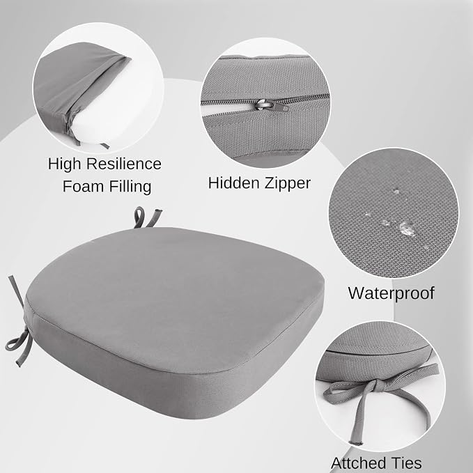 idee-home Outdoor Chair Cushions Set of 4, 17" x 17" x 3" Thick D-Shaped Patio Furniture Outdoor Seat Cushions Waterproof with Ties, Dining Pads