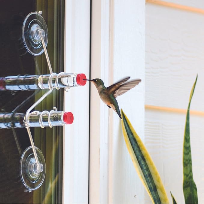 Geometric Window Hummingbird Feeder | Copper and Aluminum | Multiple Stations | Modern Hummingbird Feeder | Handcrafted | Home Décor | Glass Bottles | Suction Cups (Aluminum)
