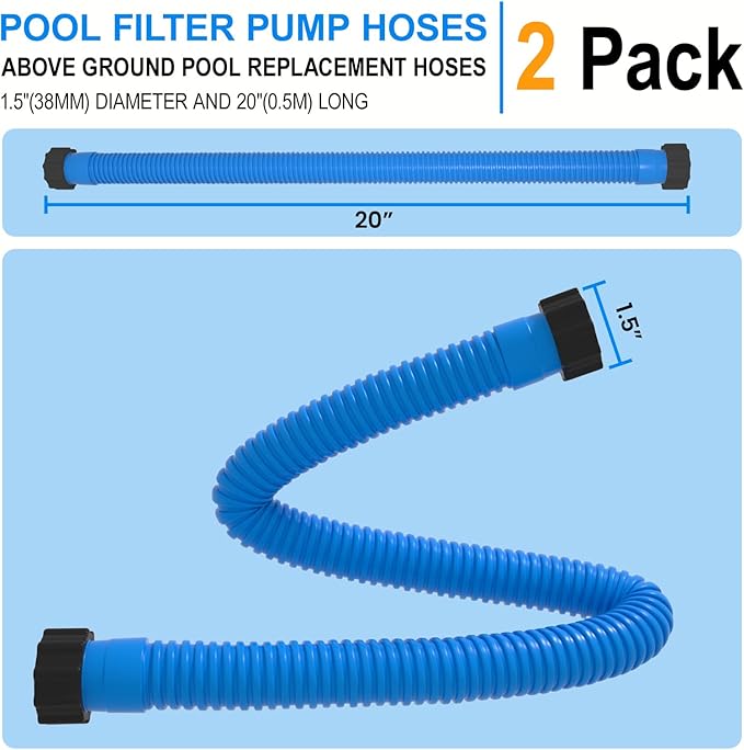 1.5" x 20" Pool Hose Replacement, Pack of 2 - Compatible with Above Ground Pools Filter Pump Hoses, Sand Filters, Saltwater Systems (1,500-2,500 GPH), Blue