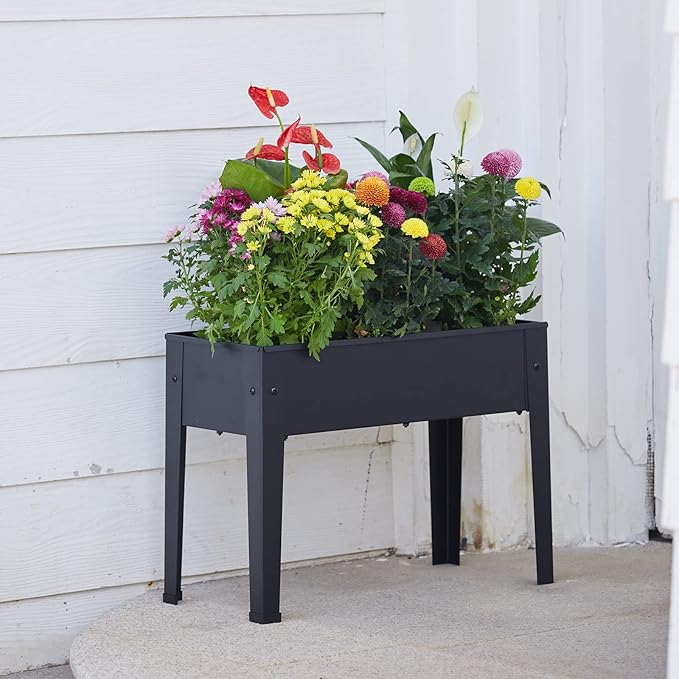 Raised Garden Bed, Elevated Planter Black Metal Plant Box with Legs Standing Garden Stand Drainage Holes Black(24" L x 11" W x 18" H)