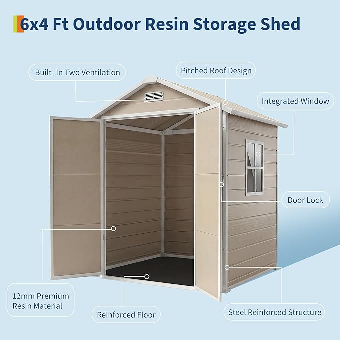 Resin Outdoor Storage Sheds 4x6 ft, Upgraded Double-Wall Outdoor Plastic Shed with Window & Double Doors, Waterproof Lockable Garden Shed (Light Brown, 6 X 4 ft)