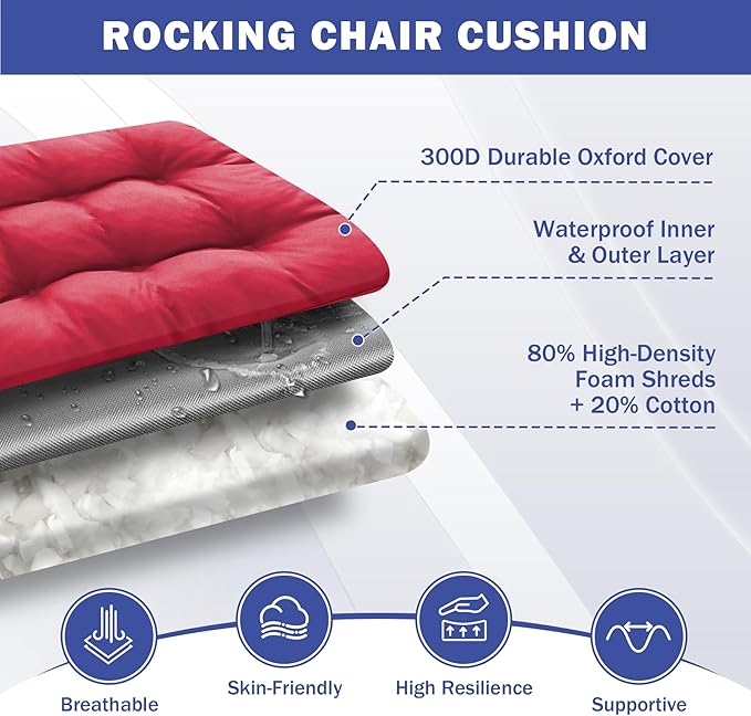 IPYNBAP Rocking Chair Cushion, Waterproof and Fade-Resistant Patio Chair Cushions, Tufted Chair Pads for Rocker Furniture, 18x18 Inch, Indoor/Outdoor Seat Cushions with Ties, Burgundy