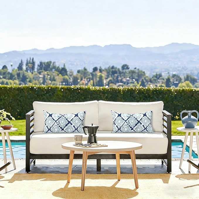 LVTLVTXIII 12×20 Inch Outdoor Lumbar Pillows, Pack of 2 Water Repellent Lumbar Pillow with Inserts, Fluffy Decorative Garden Lumbar Cushions for Home Patio Coach Sofa Use, Boho Geometry Blue