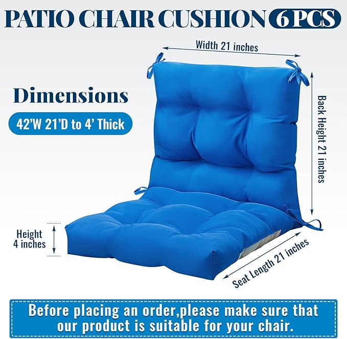 Marsui 6 Pcs Outdoor Indoor High Back Chair Cushions Patio Furniture Tufted Pillow with Ties Water-Resistant Replacement Outdoor Rocking Chair Cushions, 42 x 21 Inches (Blue,Solid Color)