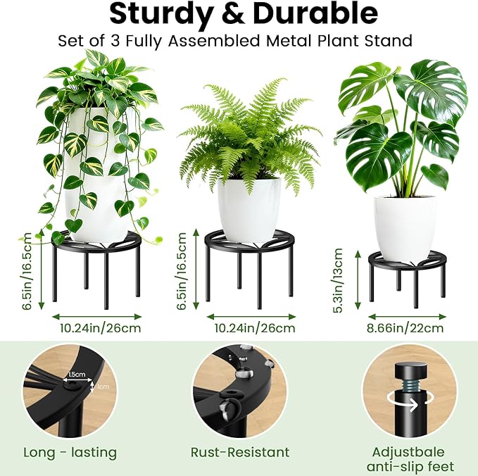 TOSKING 3-Pack Fully Assembled Heavy Duty Low Metal Plant Stand for Indoor & Outdoor – Original Geometric Flower Pot Holder for Heavy Potted Plant, Rustproof Iron Riser with Adjustable Feet, 200 LBS & 150 LBS, No Installation, Black (10.24" & 8.66" Dia)