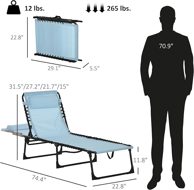 Outsunny Folding Chaise Lounge Chair, Patio Sun Tanning Chair, Outdoor Chaise Lounger with 4-Position Reclining Back, Breathable Mesh Seat for Beach, Poolside, Yard, Baby Blue
