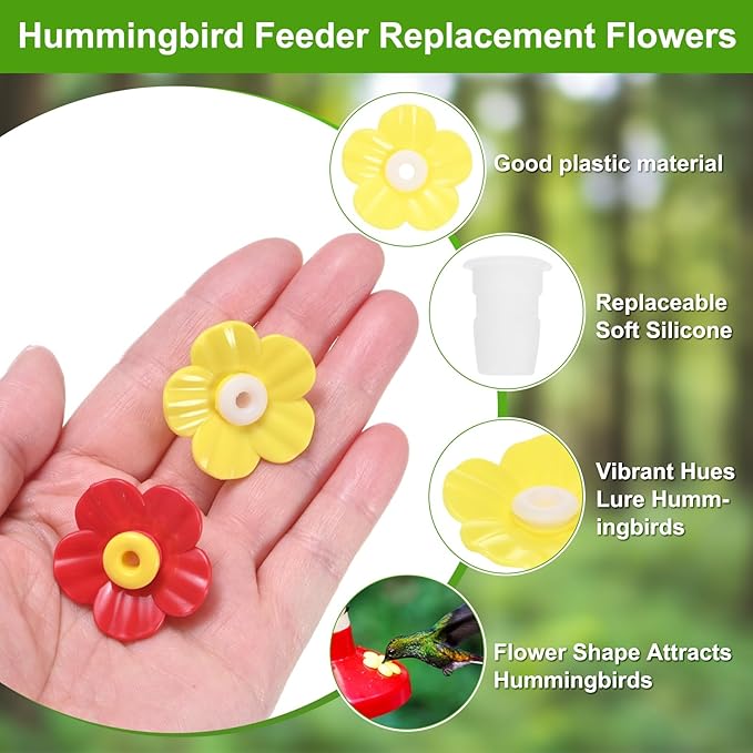 M METERXITY 32-Pack Hummingbird Feeder Replacement Flowers, Plastic Pet Hummingbird Feeding Parts Feeding Ports for Outdoor Hanging Feeders, Bees Guards [Yellow, Red]