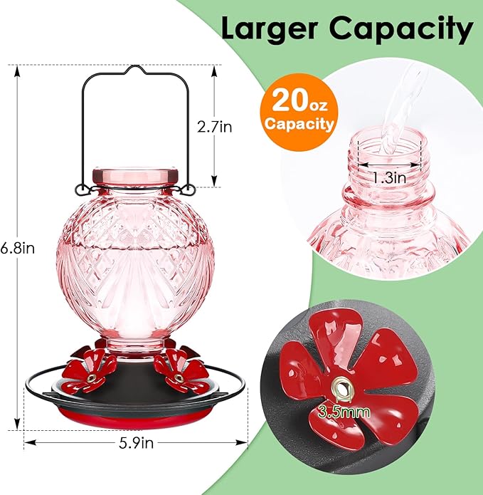 Glass Hummingbird Feeder for Outdoors Hanging, 20oz Bird Nectar Feeder with 4 Bee Guard Flower-Shaped Ports & Built-in Ant Moat, Easy to Clean, for Bird Lover,1 Pack, Pink
