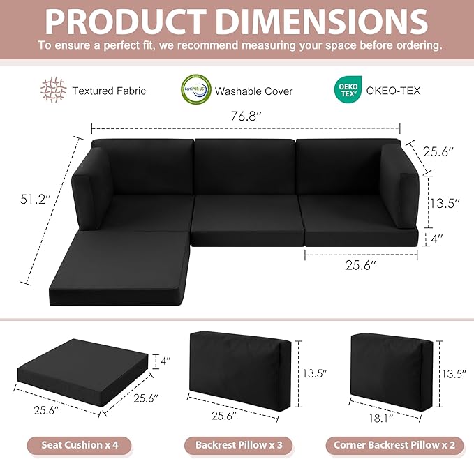 9-Piece Patio Furniture Cushions Set, Replacement Outdoor Cushions for 4-Seat Patio Sectional, Waterproof & Fade Resistant Deep Seat Cushion for Outdoor Sofa, Black