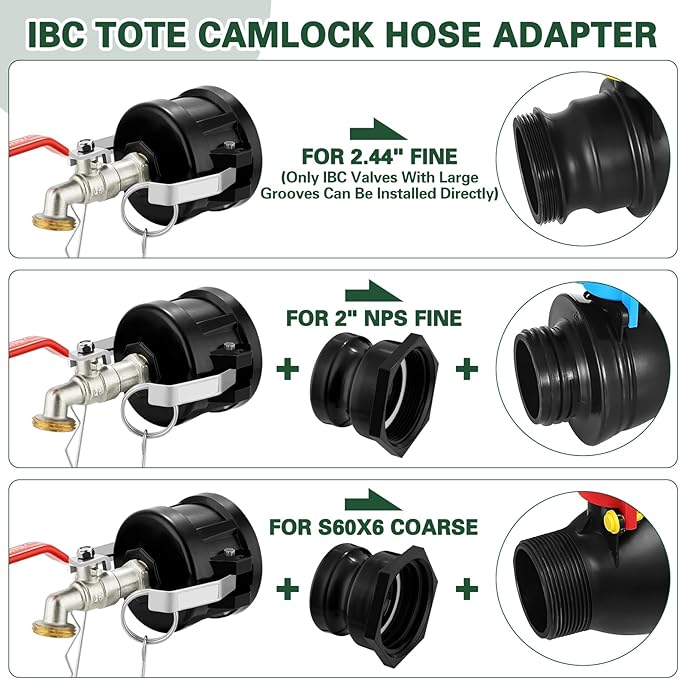 IBC Tote Adapter, 2" Cam Lock for 275-330 Gallon IBC Tote Tank with 2packs Groove Fittings, IBC Tote to Garden Hose Adapter with Nickel Plated Brass Hose Faucet (1/2" Male NPT Inlet ×3/4" Male GHT)