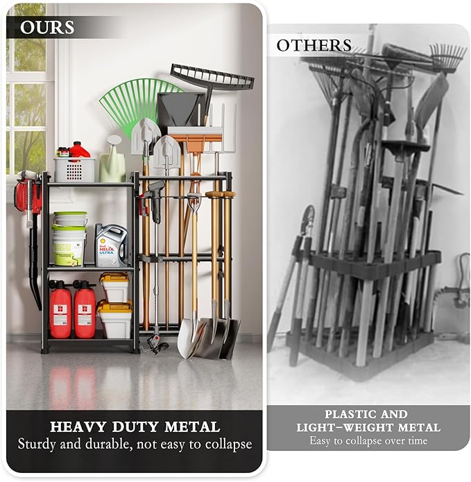 CICUFY Garden Tool Organizer Storage Metal Yard Tool Organizer Heavy Duty Garden Tool Rack Stand with 2 Extra Hooks, Up To 70 Long Handled Shovels/Rakes/Brooms Holder for Garage,Shed,Outdoor(Black)
