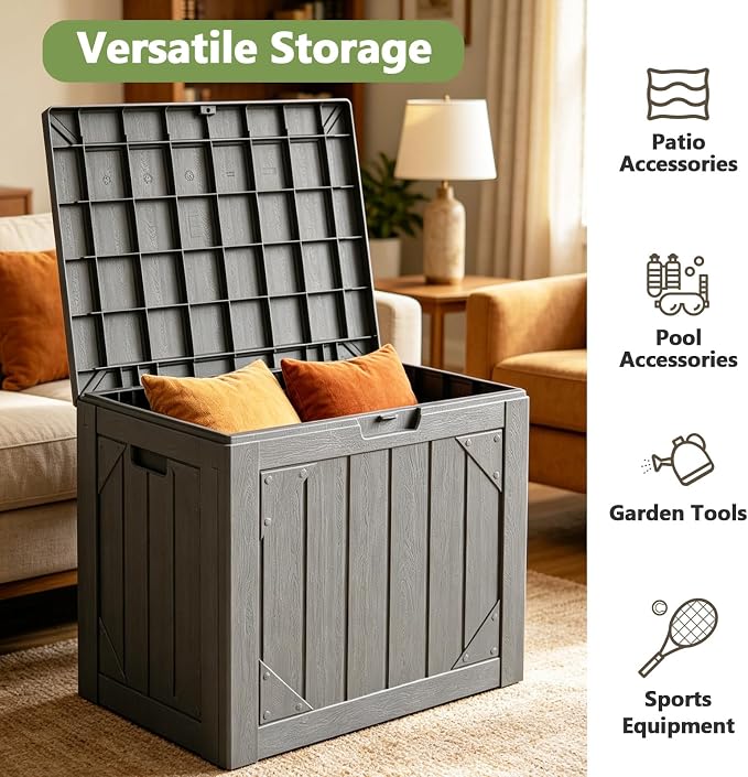 30 Gallon Outdoor Deck Box 4 Pack, Waterproof Resin Patio Storage Boxes with Lockable Lid, Small Outdoor Storage for Cushions, Accessories, Garden Tools, Indoor Outdoor Organizer, Gray