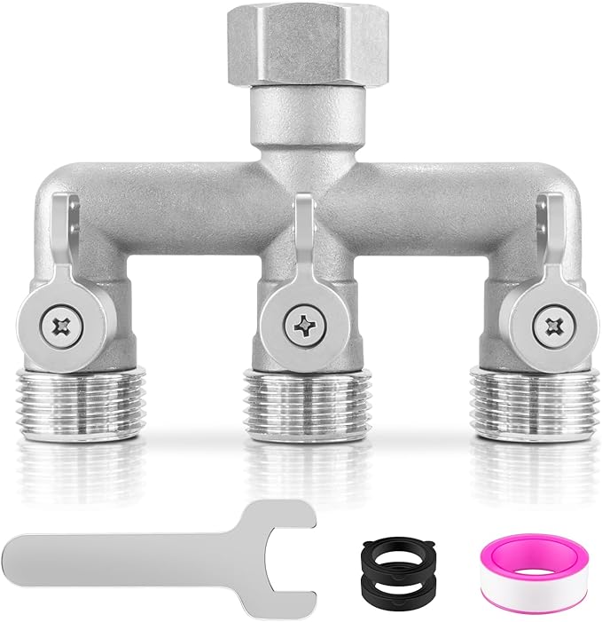 304 Stainless Steel 3 Way Garden Hose Splitter, Heavy Duty Hose Bib Splitter with 3 Shut Off Valves, High Flow Outdoor Faucet Splitter, 3/4" GHT Water Hose Connector for Garden, Yard, Irrigation