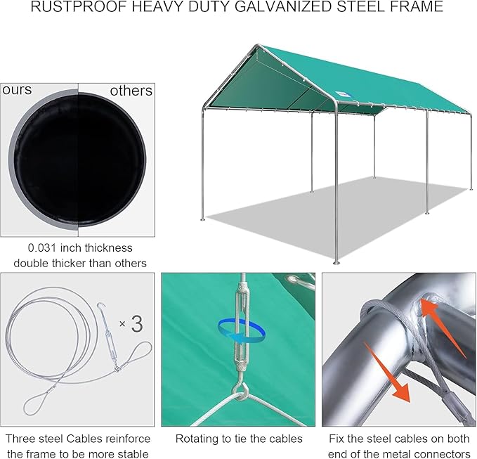 10'x20' Carport Heavy Duty Galvanized Car Canopy with Included Anchor Kit, 3 Reinforced Steel Cables, Green