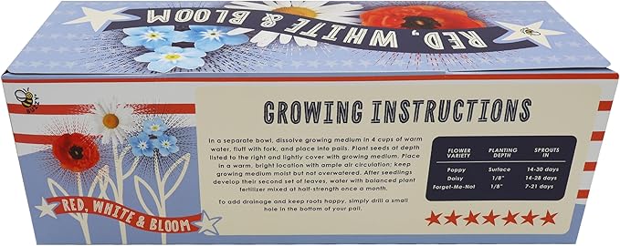 BUZZY Seeds Americana Grow Kit 3-Pack – Red White and Blue Pails with Daisies, Poppies & Forget-Me-Nots – Fun Patriotic Indoor Flower Grow Kit, DIY Gardening Gift Set