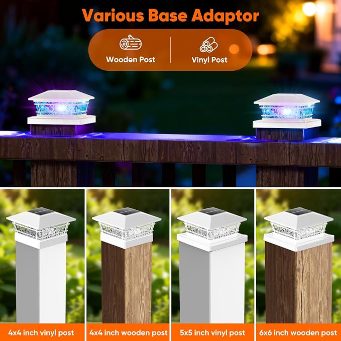Solar Post Cap Lights White with 8 RGB Solid Colors & Color Changing, 8 Pack Solar Vinyl Fence Post Cap Lights for Porch Yard Garden，Deck Post Lights Waterproof for 4x4 5x5 6x6 Vinyl/Wooden Posts