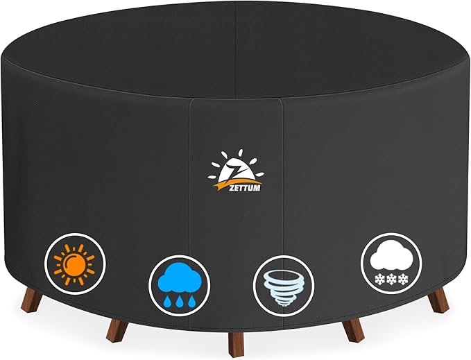 Zettum Round Patio Table Cover 80 Inch - 600D Outdoor Furniture Cover Round Waterproof & Heavy Duty, Large Lawn Furniture Set Covers for Outside Dining Table and Chairs Seating - 80 x 80 x 28 Inch
