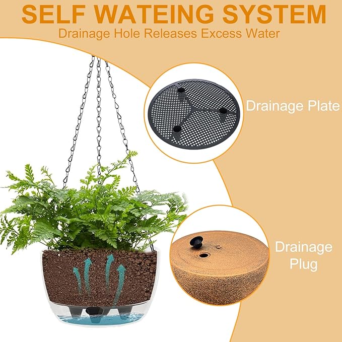 SUNNYPARK 2 Packs Hanging Planters Basket for Outdoor Plants, Solar Powered Self Watering Bronze Round Plastic Flower Pots with Drainer for Balcony Patio Garden Outdoor Decoration