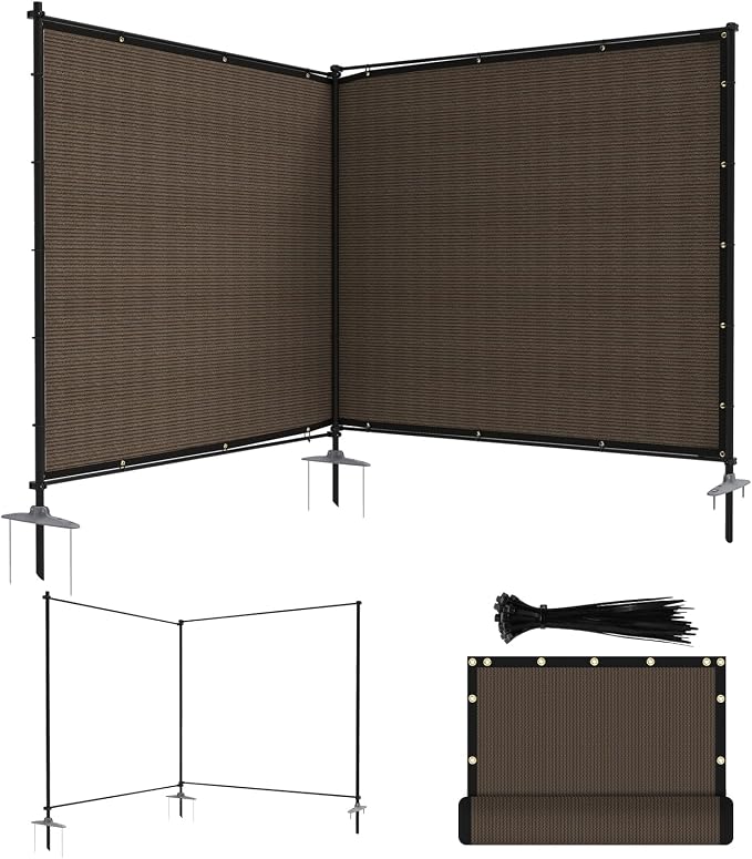 ECOOPTS 5'Hx12'L Privacy Fence Set with Poles and Rails Ground Spikes Fence Kit for Patio Garden Pool Yard (Brown)