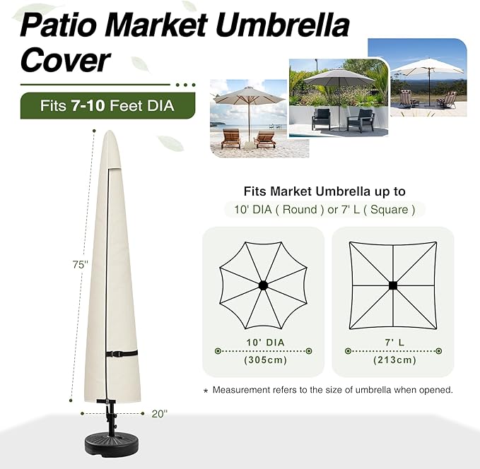 Porch Shield Patio Umbrella Cover - Outdoor Waterproof Garden Market Parasol Covers Fits Market Umbrella 7-10 Feet, Beige