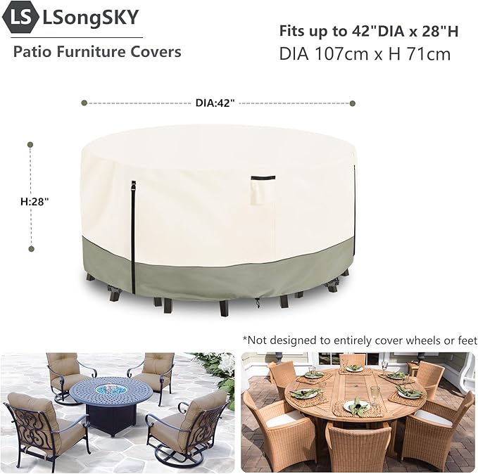 42 inch Round Patio Table Cover,600D Heavy Duty Outdoor Furniture Covers Waterproof,Round Patio Table for Patio Furniture Covers,42" Dia x 28" H Beige