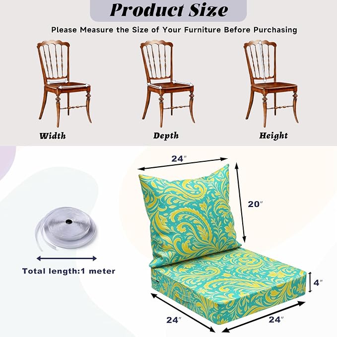 COZEER Patio Chair Cushions 24x24 Inch, Waterproof Fade Resistant Outdoor Cushions for Patio Furniture, Edge Binding Design with Handle, Adjustable Straps & Hook and Loop Fastener (Pattern)
