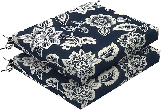 DYTXIII Set of 2 Outdoor Chair Cushions, Water Resistant 18.5"x16"x2" Square Seat Cushion for Patio Dining Chairs, High-Density Replacement Pads for Indoor Outdoor Furniture - Vines Navy