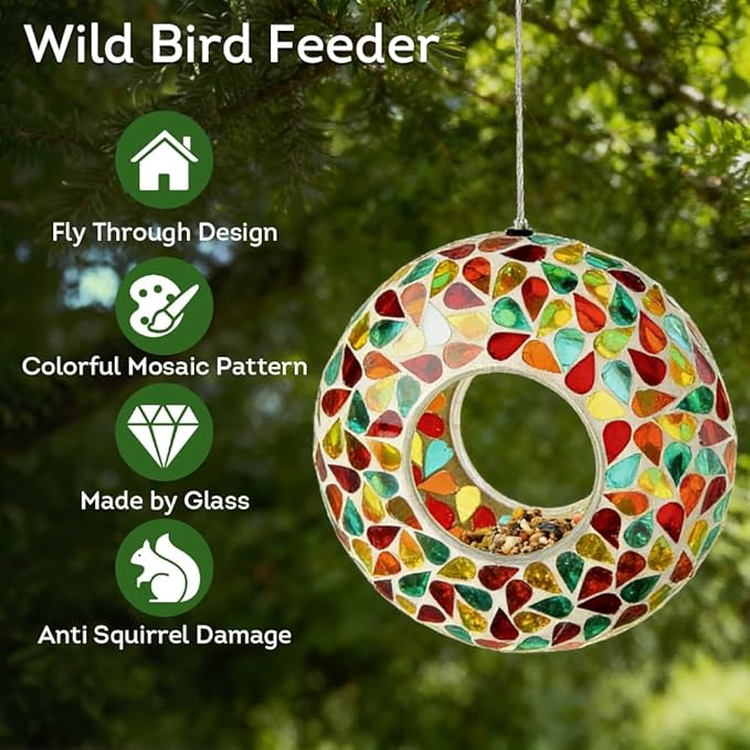 Lily's Home 6 Inches Glass Mosaic Hanging Bird Feeder for Outdoors Fly-Through Large Bird Feeder for Outdoor Garden Decor Backyard, Vibrant Gift for Animal Lovers, Green, Yellow Orange