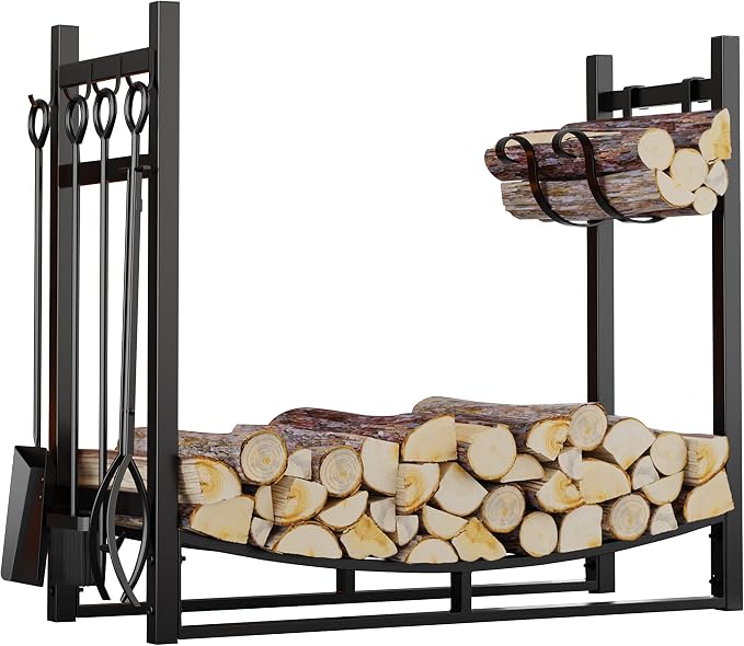 Fire Beauty Fireplace Log Rack with Kindling Holder and Firewood Storage - Includes 4 Tools (19.8")