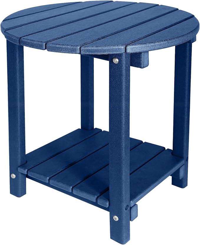 GARDENSTAR Adirondack Round Outdoor Side Table 2-Tier Storage Patio Side Table, HDPE End Tables for Backyard Pool Porch Garden Lawn (Blue)