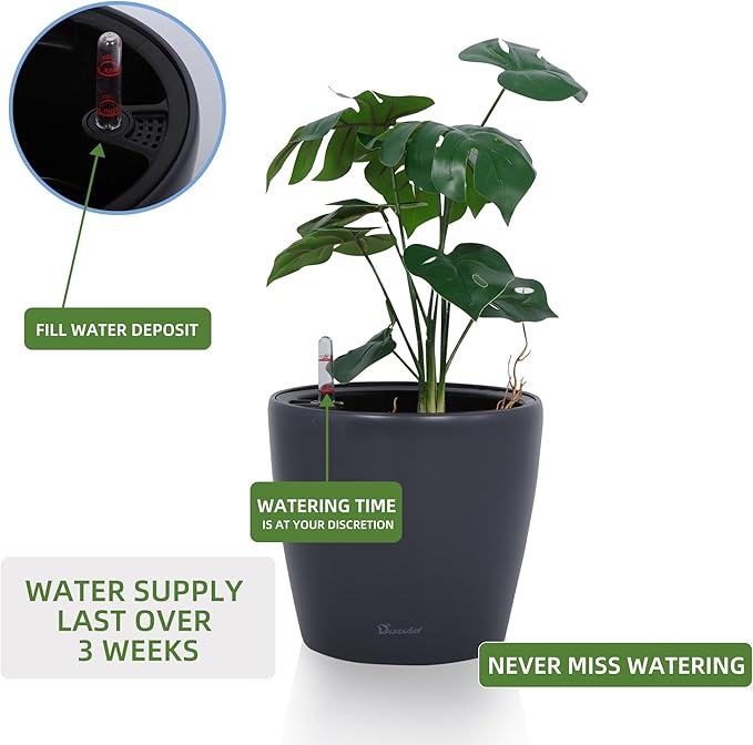 Dexceder 11x10 Self Watering Planter (Slate Gray Matte) | Inner Pot Design, Thickened Table Flower Plant Pot with Water Level Indicator Indoor Outdoor