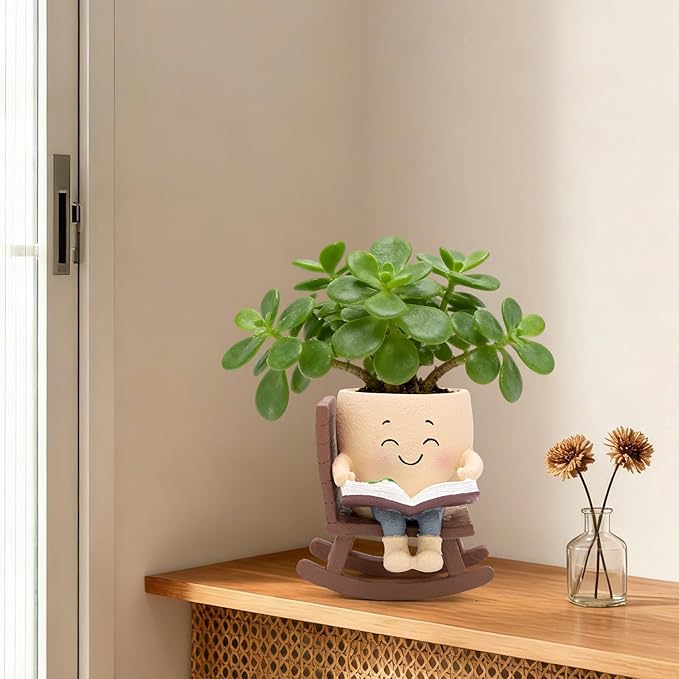 Smily Face Rocking Chair Reading Book Planter Pots with Drainage Hole, Cute Resin Flower Head Succulent Planters for Indoor Plants, Gift IdeaI for Mother Birthday Christmas