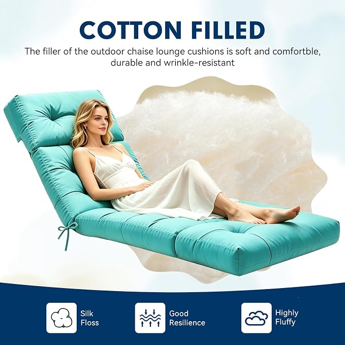 Non-Slip Outdoor Chaise Lounge Chair Cushion, Waterproof 74.4 x 22 x 4.7 Inches Lounge Chair Cushions for Outdoor Patio Furniture with Ties, Pool Chaise Lounge Cushions Replacement, Teal