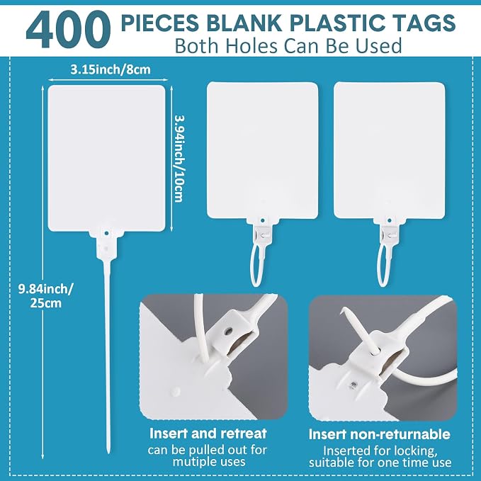 Novabright 400 Pcs White Waterproof Blank Plastic Shipping Tags Bulk 3.94" x 3.15" Large Writable Sealing Mark Labels Tie with String for Luggages Inventory Logistics Keys